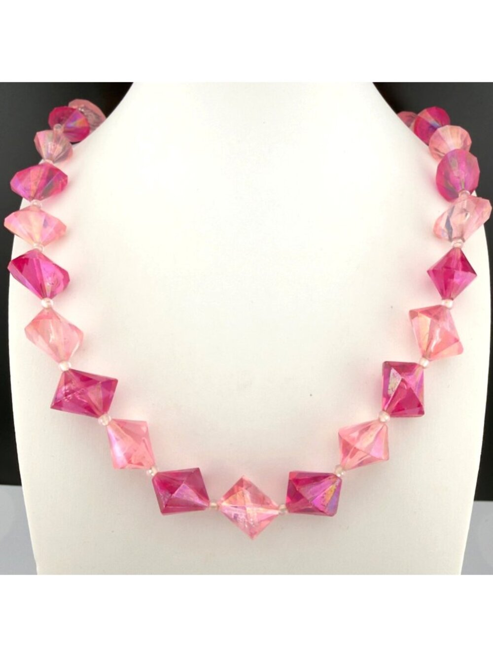 Vintage Beaded Necklace Pink Geometric Iridescent Single Strand Austria 22"